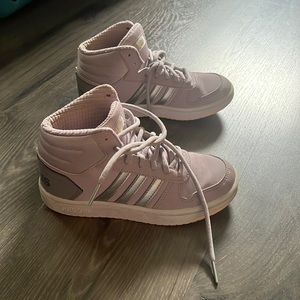 Light purple high top adidas basketball sneakers